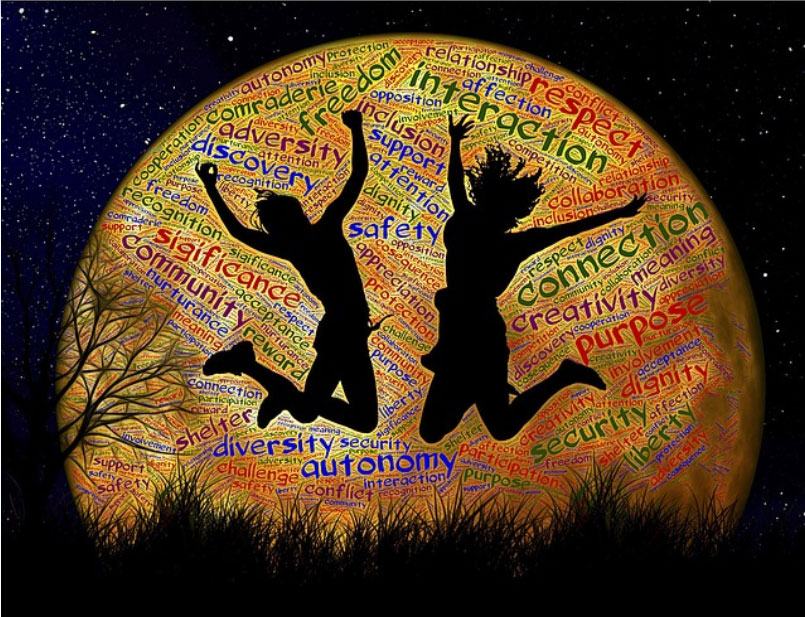 A man and woman in silhouette jump for joy. Backdrop is a moon with words such as freedom, purpose, autonomy, connection, safety, recognition, community, diversity
